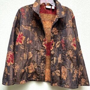 CHICOS Size 2 Jacket Brown Tan Maroon Woven Tweed Tapestry Floral